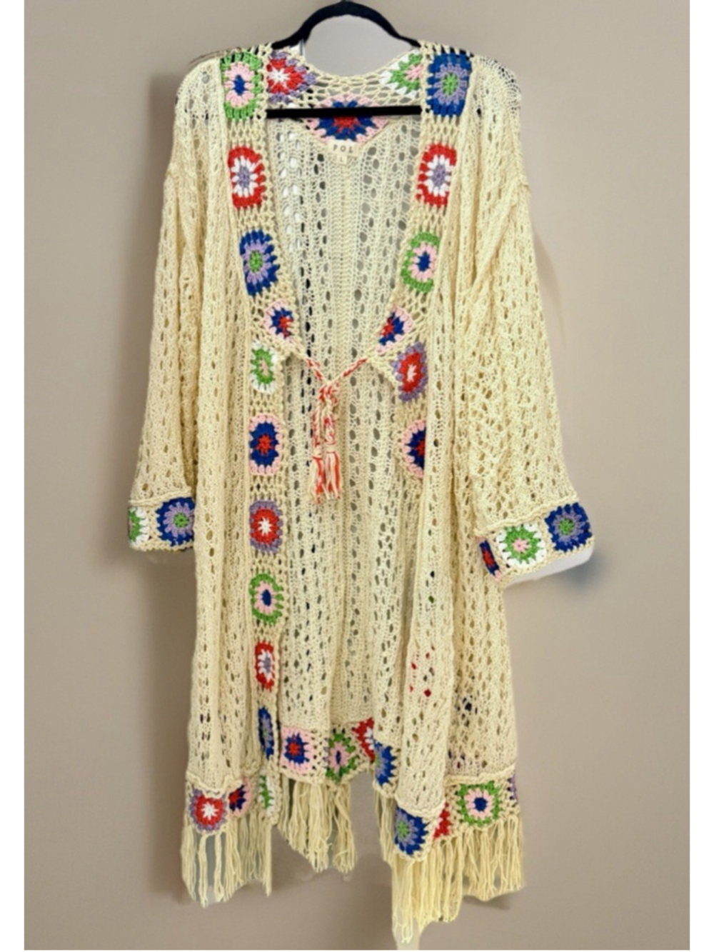 POL Crochet Knit Boho Cardigan Large Cream Granny Square Fringe Duster Sweater - Picture 6 of 10